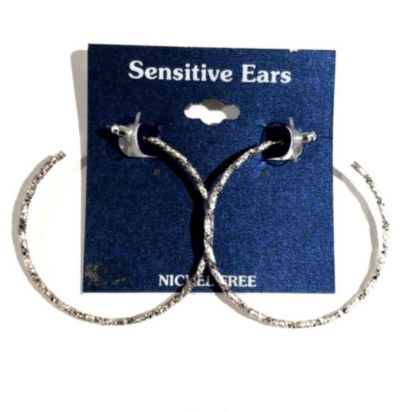 Silver Textured Finished Hoop Earrings - Nickel-Free, Women's Fashion Jewelry - Picture 3 of 8